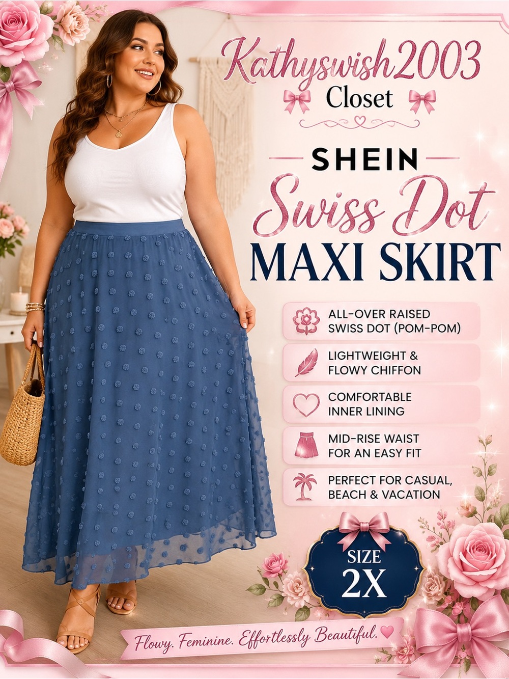 SHEIN Blue Textured Swiss Dot Maxi Skirt